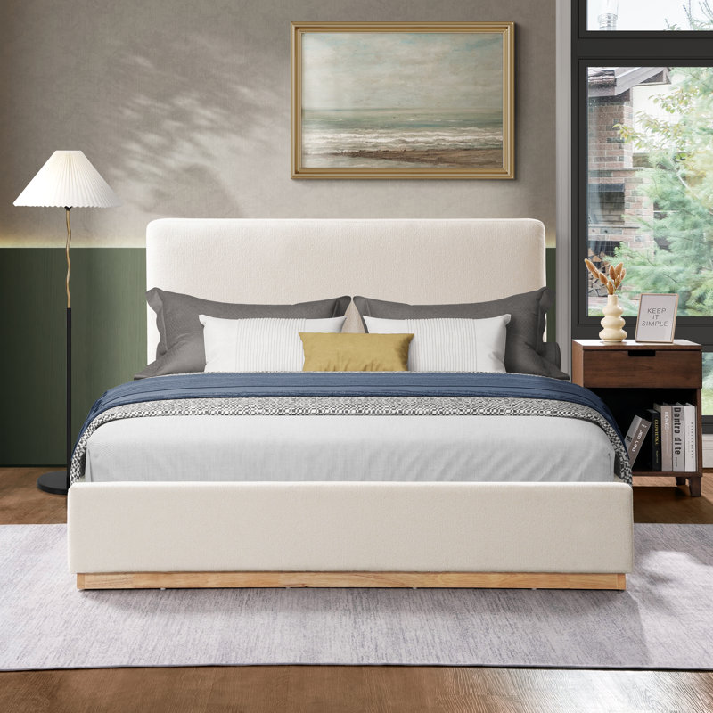 Aspen Wood Base Upholstered Boucle Platform Bed, White Boucle, King