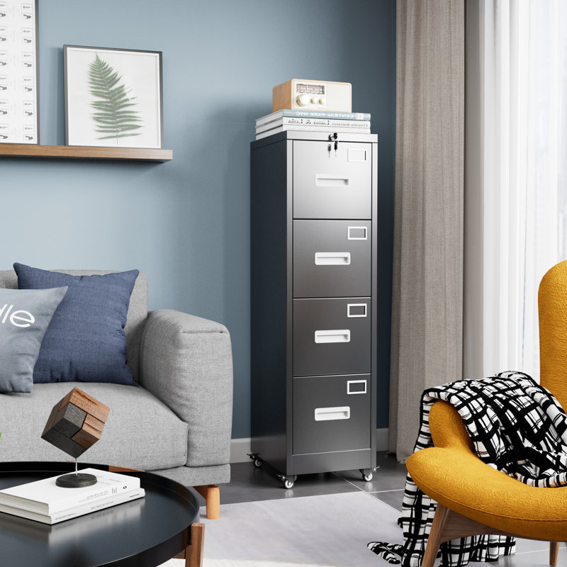 Metal File Storage Cabinet With 4 Drawer And Lock,office Home File Cabinet With Name Card Holder For A4 Letter/legal Size, 14.96" W X 17.72" D X 54.13" H, Assembly Required