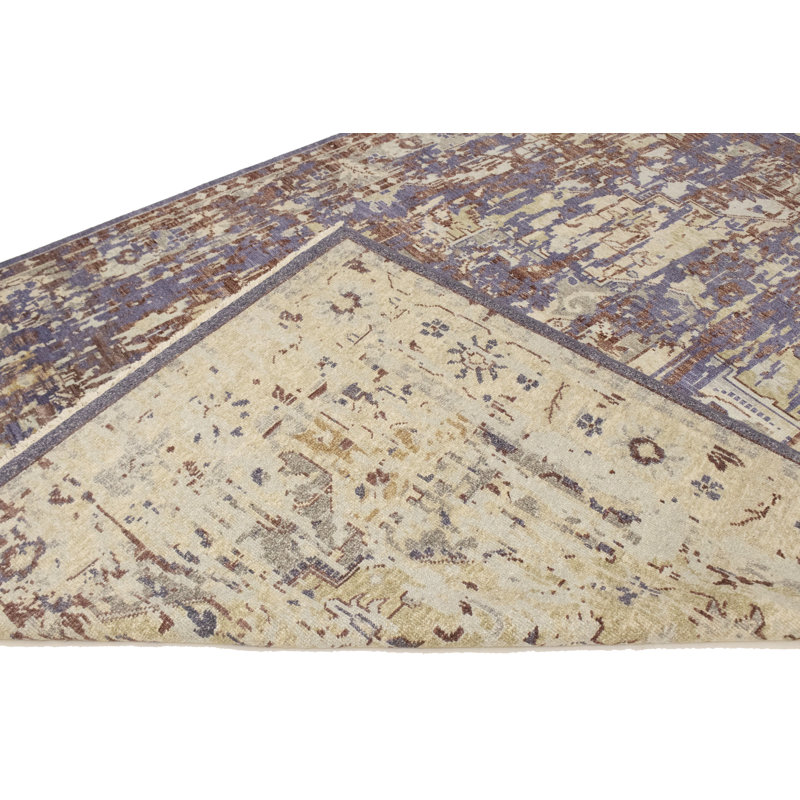 Tapis brun / mauve en laine à motif floral fait à la main 7 pi 9 po x 9 pi 10 po