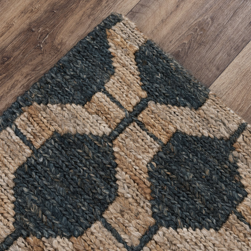 Tapis géométrique rectangulaire en jute tissé à plat à la main gris anthracite / beige, Rectangle 9 pi x 12 pi