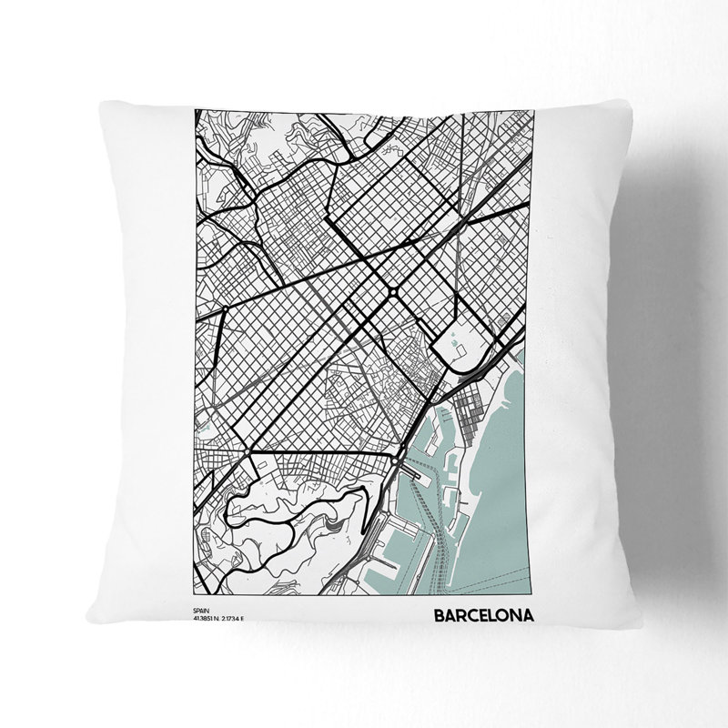 Map Barcelona Spain Square Throw Cushion, 40cm H x 40cm W x 15cm D