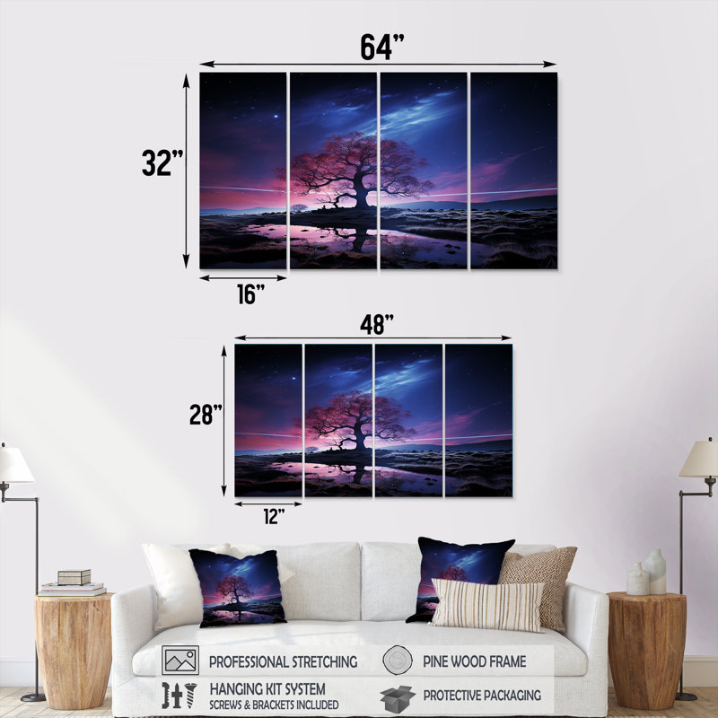 «Blue and Pink Tree In Northern Lights I», art mural 4 pièces, H 28 po x l 48 po