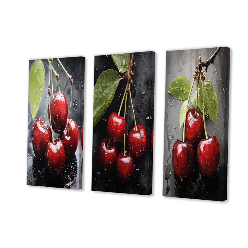 Charbon gris cerise Chaplin fruits - fruits, ensemble de 4 reproductions d'art mural, H 40 po x l 60 po, Toile tendue