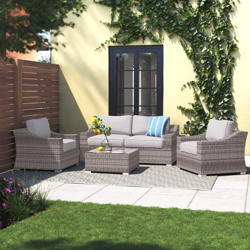4-Seater Wicker Conversation Set With Cushions – All-Weather & Assembled