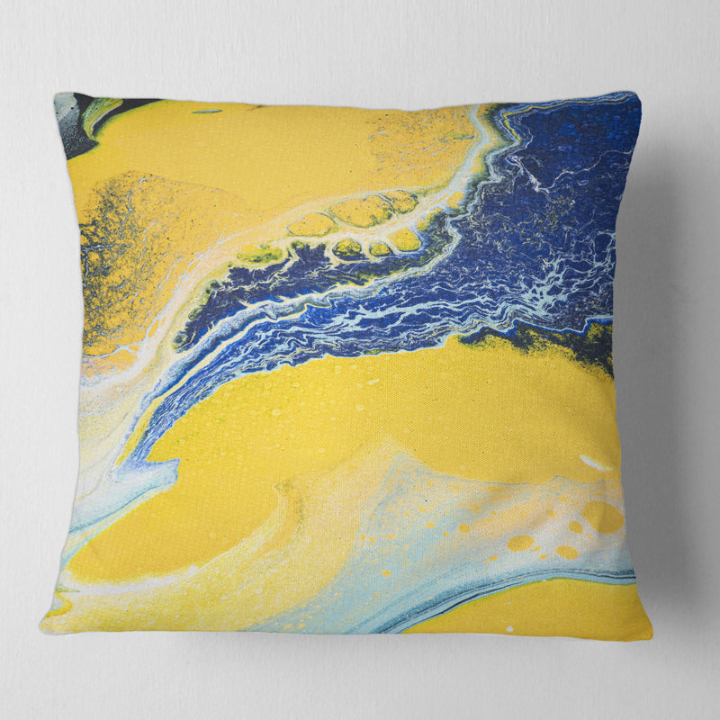 Composition abstraite en jaune et bleu VII - coussin moderne imprimé, 16" x 16"