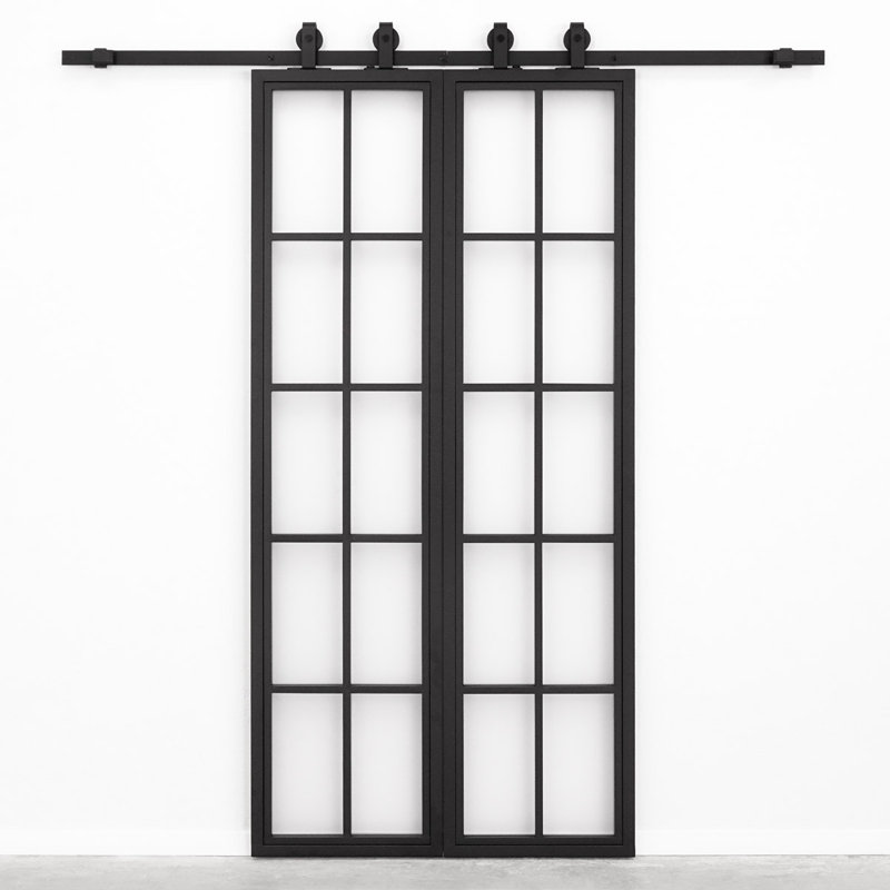 Double System Sliding Door with Black Frame Frosted Glass, 104cm X  214cm, Black