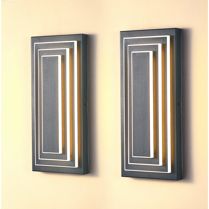 2-Pack Modern Outdoor Wall Lantern 3-Tier Integrated LED Black, 15.7-Inch