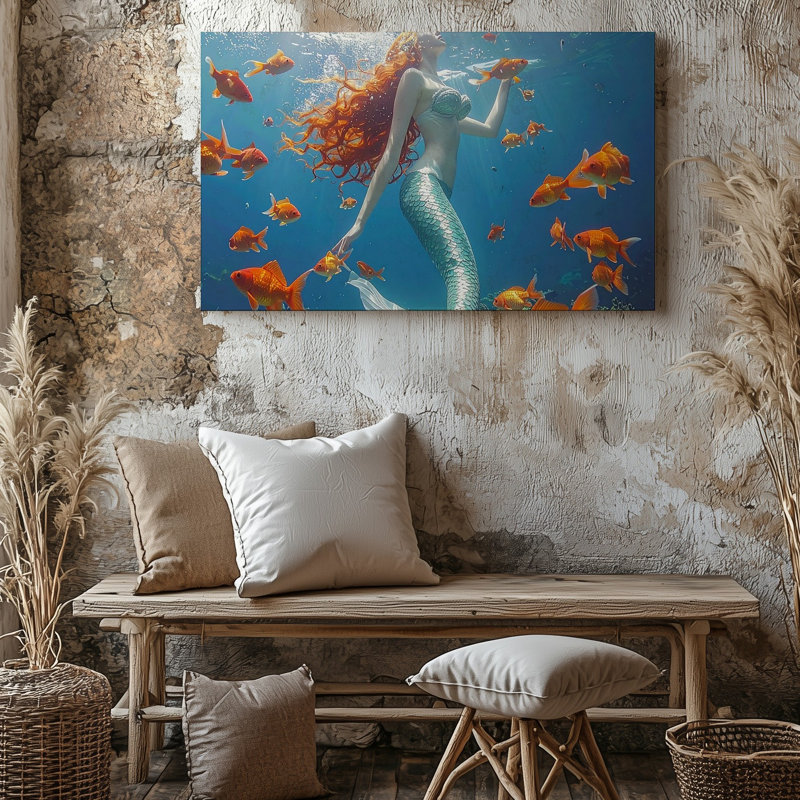 Toile sirène et harmonie poisson rouge, H 16 po x l 20 po