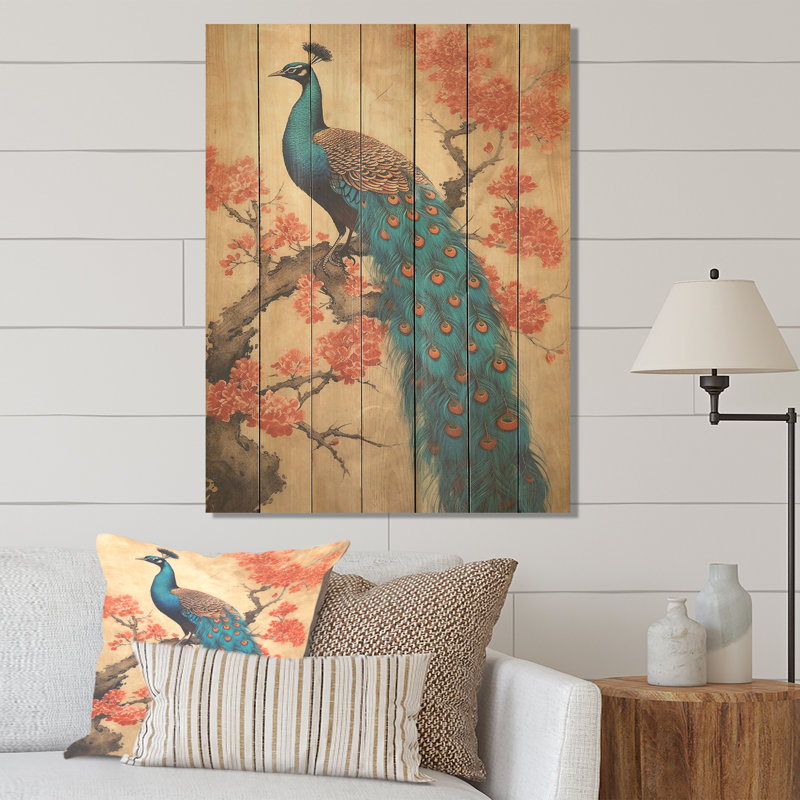 Paon floral japonais bleu royal I - paon sur bois, H 44 po x l 34 po