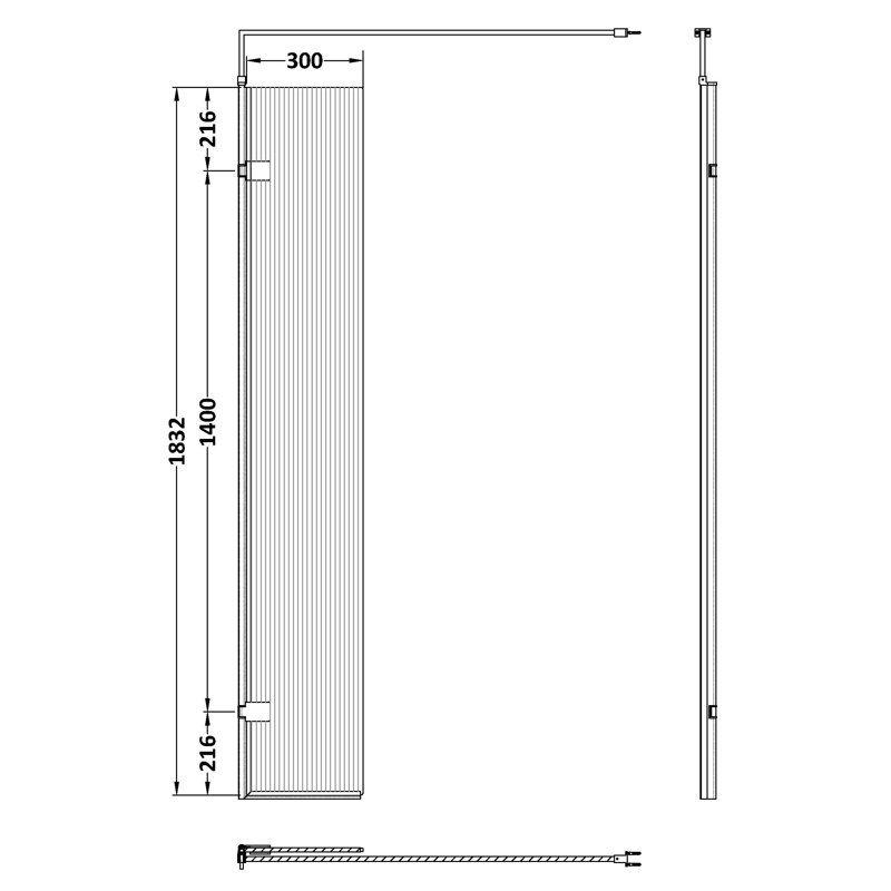 Fluted 322mm W x 1850mm H Hinged Semi-Frameless Wet Room Glass Screens with Pattern Glass, Brushed Brass