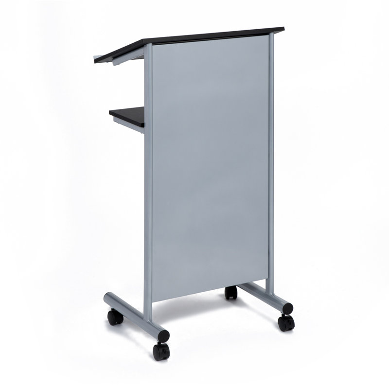 Black and Silver Metal Wheeled Lectern with Storage Shelves