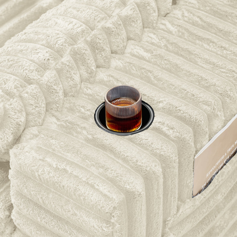 Compression Modular Corduroy Sectional Sofa with Headrest Pillows, Cup Holders & Side Storage Pockets, Beige Corduroy