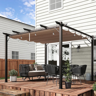 10' X Grill Gazebo Pergola With Canopy - Aluminum Patio, Brown For Backyard, Garden, Porch Party Retractable Backyard Garden Patio Shade