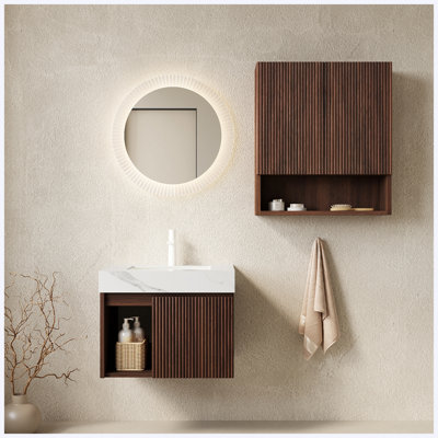 Ensemble meuble-lavabo suspendu TOBI Combo 24" + 26" en bois de noyer, dessus en pierre frittée blanche de Carrare, lavabo en céramique et 1 trou pour robinet (robinet et bonde non inclus)