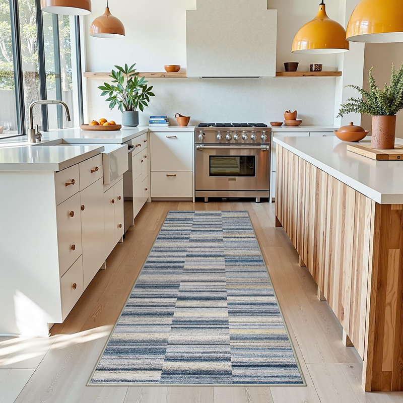 Modern Abstract Ultra-Thin Washable Area Rug, Blue, Runner 3' x 8'