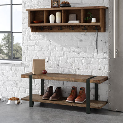Alezzi 48" Wide Rustic Industrial Wooden and Metal Wall Mounted Hall Tree And Bench With Storage