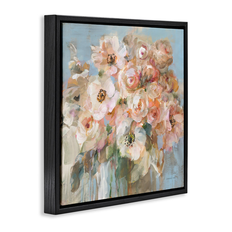 Bouquet de roses, blanc, floral, H 18 po x l 18 po, Cadre flottant noir de jais