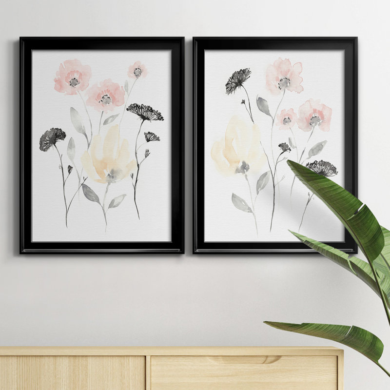 «Blush and Black Wildflowers I», ensemble de 2 impressions sur toile encadrées, H 24,5 po x l 18,5 po x P 1,25 po, Cadre noir