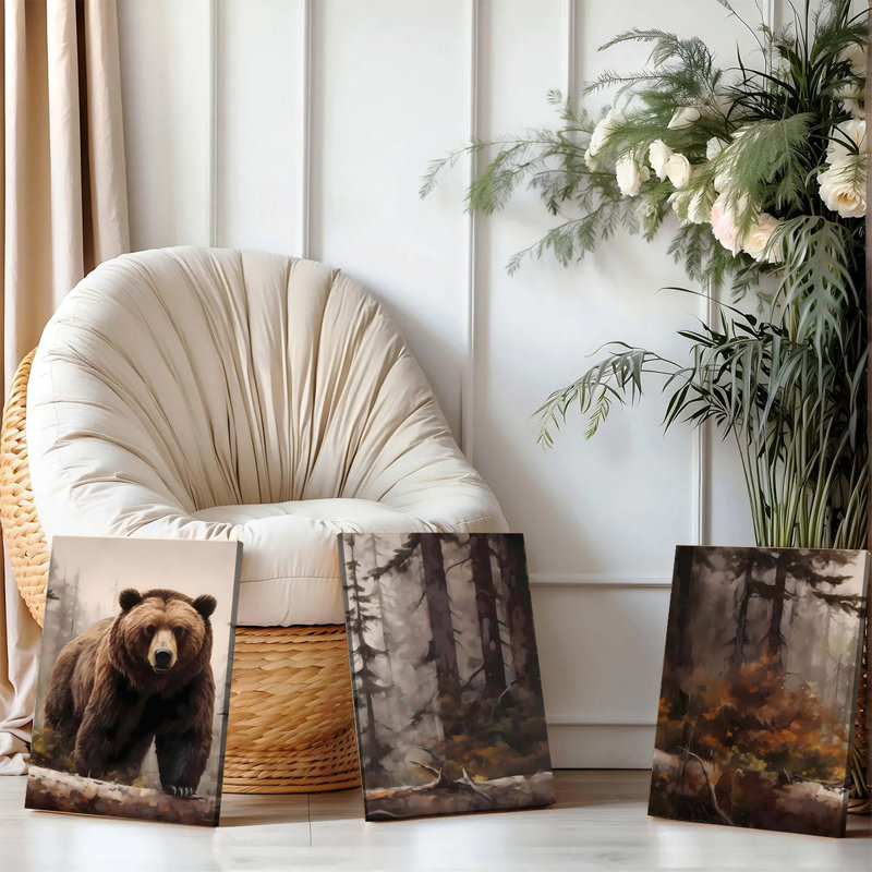 Ensemble de 3 affiches encadrées, style vintage, représentant un ours brun dans les bois brumeux. Décoration murale rustique pour salon, chambre ou bureau, sur le thème de la nature. Prêtes à accrocher.