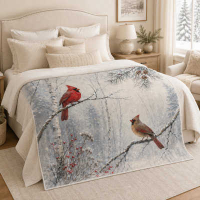 Snowy Birch Cardinal Throw Blanket, Red and Tan Birds with Pine Needles, Pinecones and Winter Berries, Flannel Layer for Sofa, Bedroom and Reading, 40 x 50 in