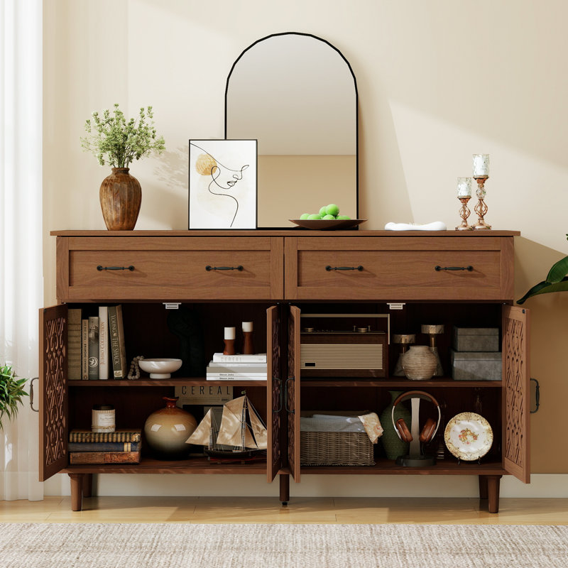 Buffet rétro avec portes creuses sculptées à la main, Noyer