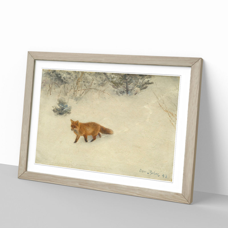 Fox in the Snow Vol.8 by Bruno Liljefors - Picture Frame Painting, Oak Framed, 27cm H x 36cm W x 2cm D