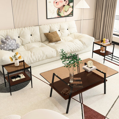 Contemporary Living Room Furniture  Coffee Table And End Tables Tempered Glass  Brown Tables Layered