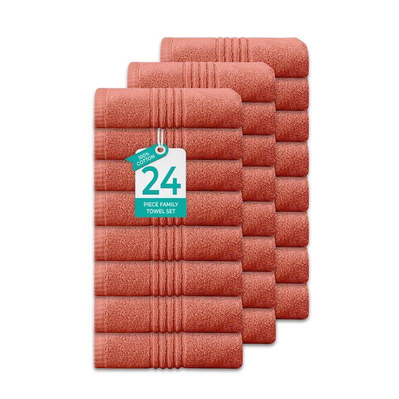 Ensemble de serviettes de bain 100% coton 100% coton zéro torsion Robbs Home Weavers Robbin, 16 po x 24 po (24) (24 serviettes à main), corail