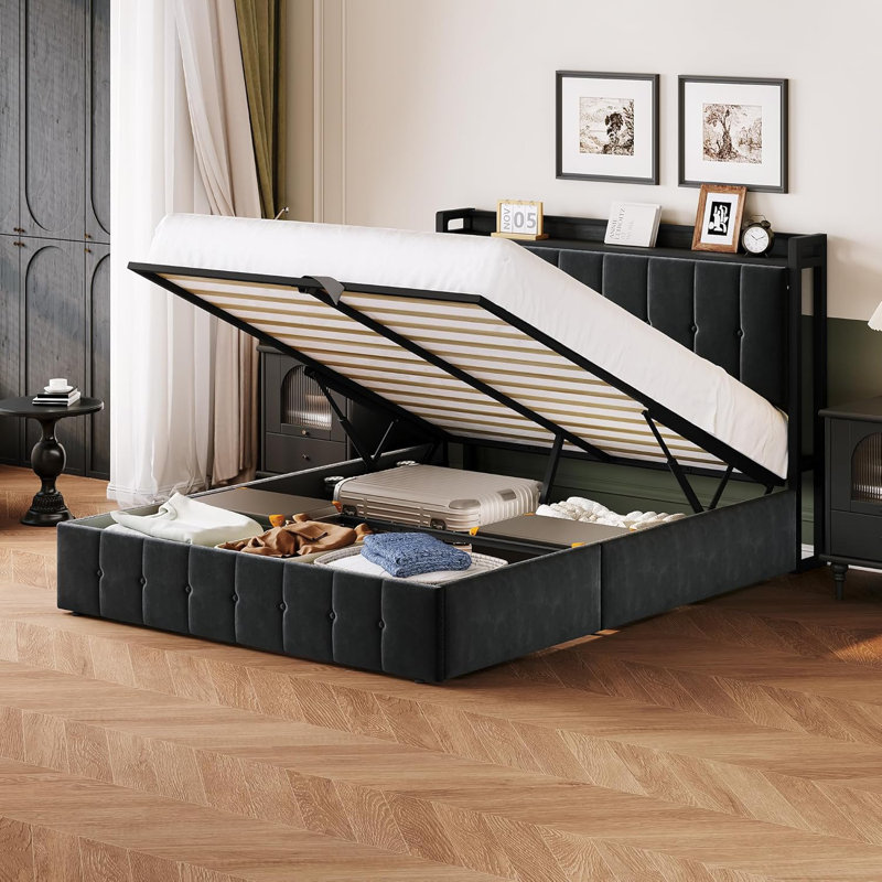 Structure de lit avec rangement relevable, lit tapissier en velours avec tête de lit et support robuste en lattes de bois, lit plateforme en métal, aucun sommier nécessaire, sans bruit