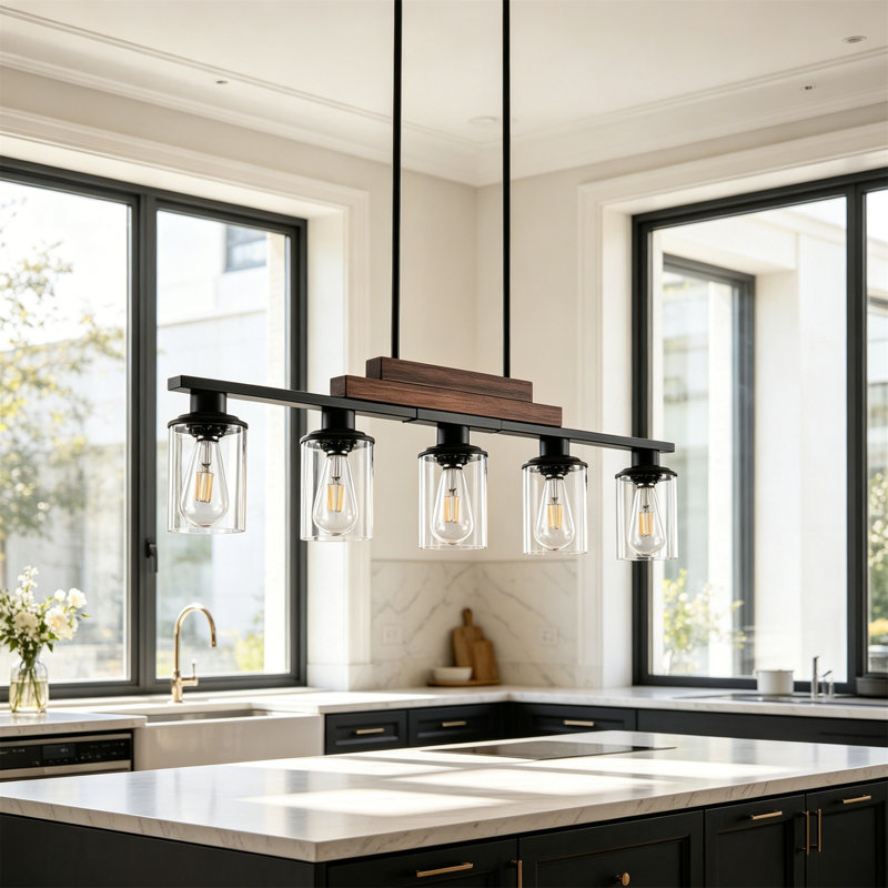Luminaire suspendu 5 lumières pour îlot de cuisine avec détails en bois et verre transparent Farmhouse