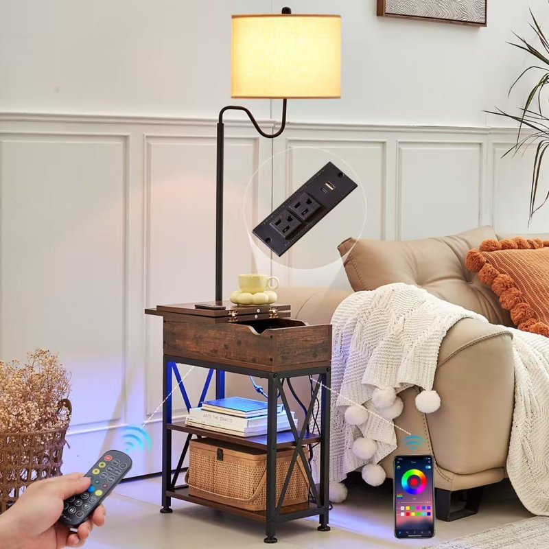 Rustic Brown LED Floor Lamp With Flip Top Side Table, USB Charging Ports, And Remote Control