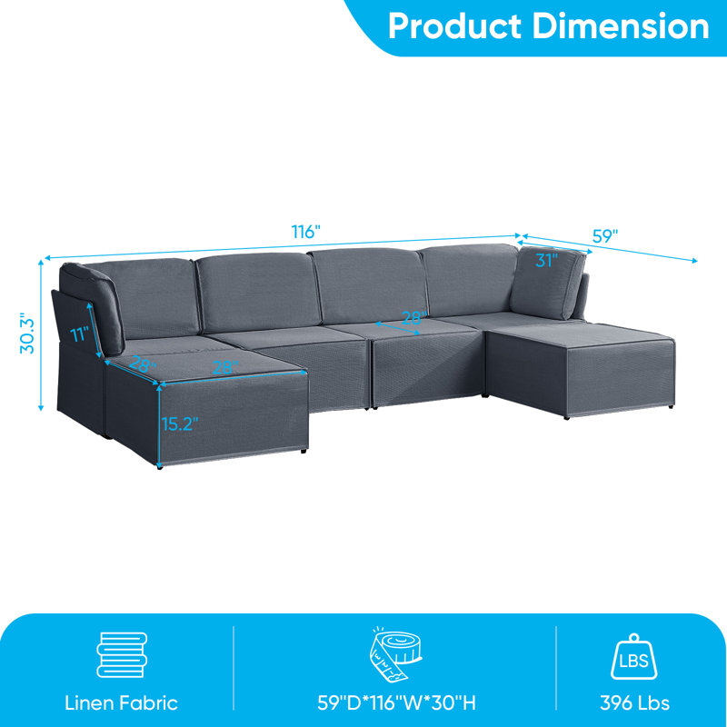 Canapé modulaire de 116 po, siège profond en tissu de lin avec repose-pieds et chaise mobiles gris foncé, Gris foncé