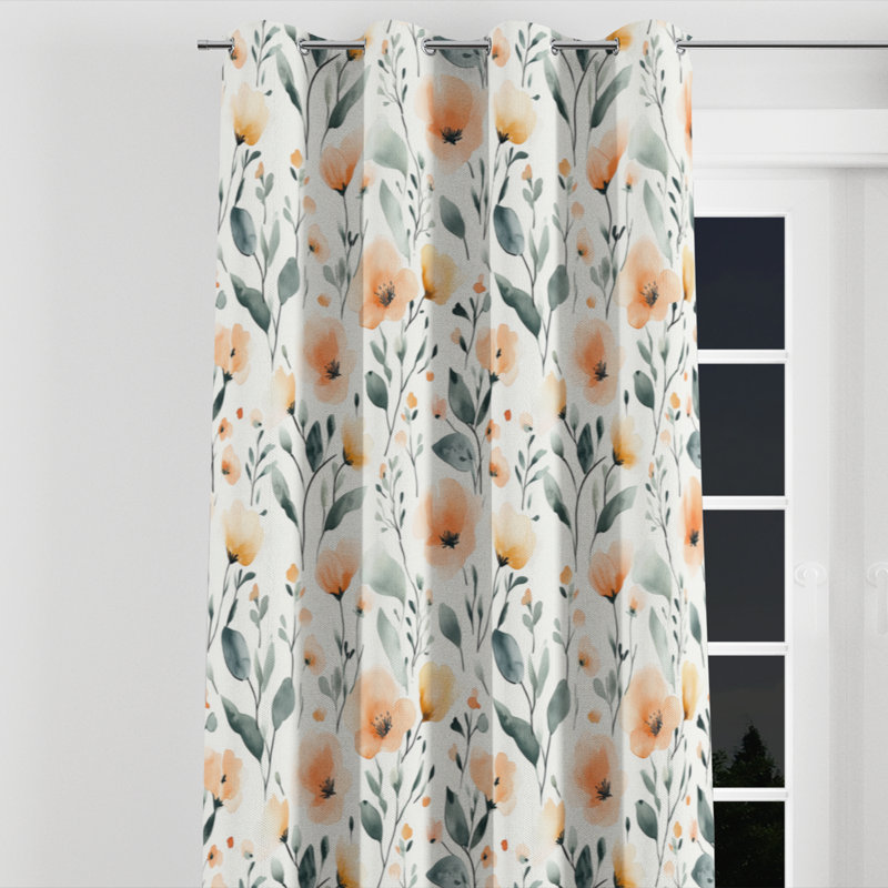 Floral Velvet Curtains - Boho Orange And Green Meadow Flowers Grommet Curtain - 1 Panel, 52" W x 84" L, Silver Grommets