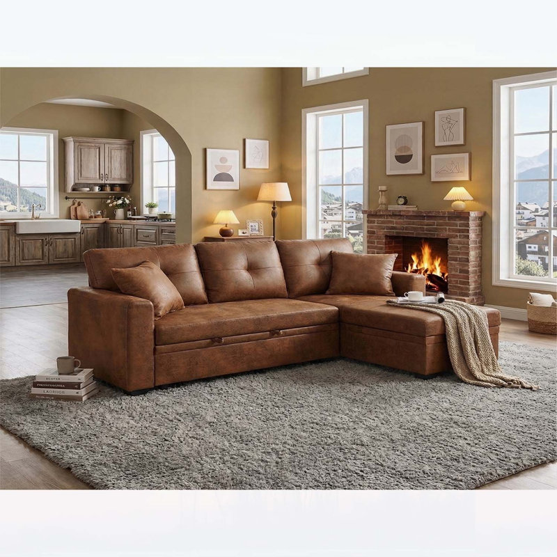 Convertible L-Shaped Sectional Sofa with Pull-Out Bed, Reversible Chaise, and Hidden Storage for Small Spaces, Light Brown Fabric