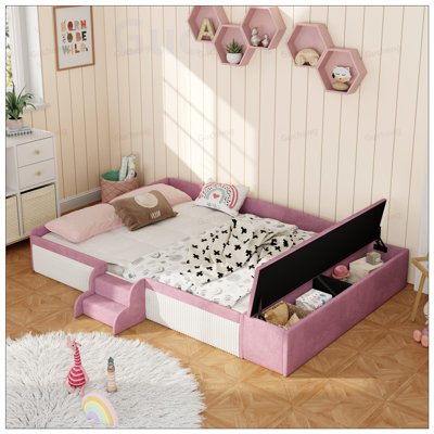 Velvet Upholstered Daybed with Stairs, Gas Lift Storage Ottoman, and Padded Guardrails for Kids' Rooms