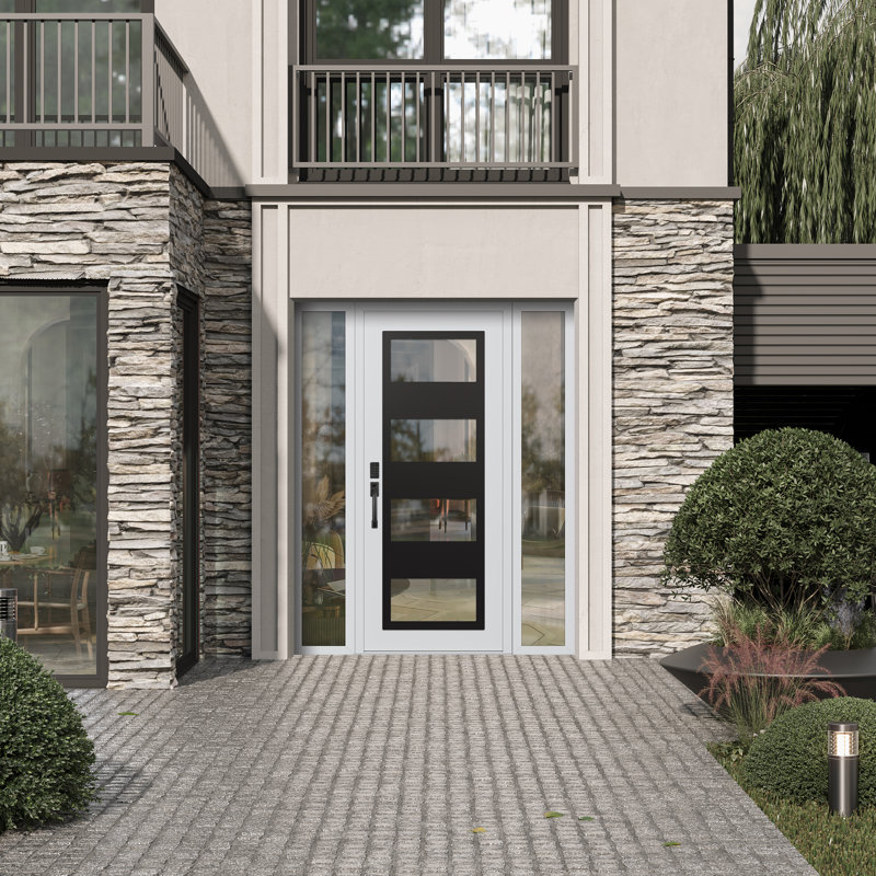 Porte d'entrée avant prémontée à panneau latéral blanc / blanc avec 2 panneaux latéraux C2, L 61,69 po x H 81,69 po, Clair