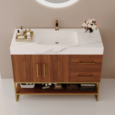 36 - Inch Contemporary Bathroom Vanity With Sintered Stone Top, Gold Accent, And Water Design 36" Modern Vanity, Seamless Ceramic Basin, Accents, Stable Build