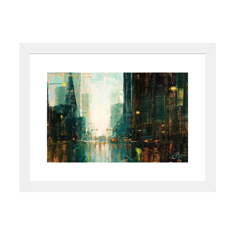 «Denver - Broadway in the Rain I» par Christopher Clark, reproduction d'art, H 16 po x l 24 po x P 1 po, Papier encadré blanc