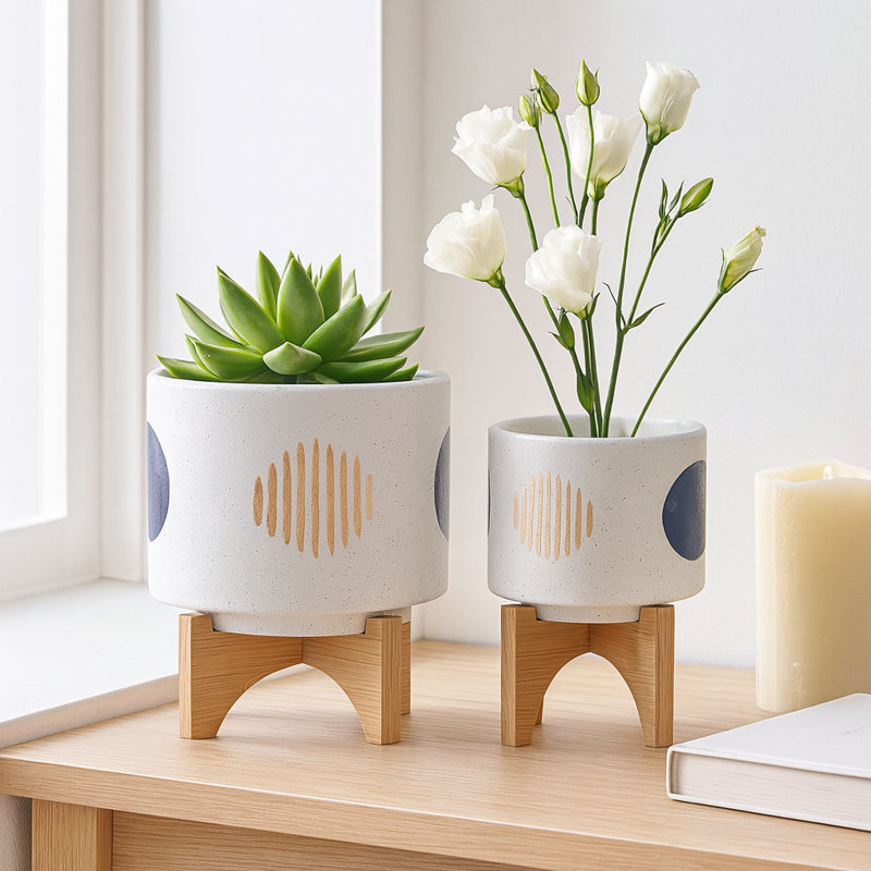 Stoneware and Ceramic Planter Set with Bamboo Stands - Modern Decorative Indoor Planters - Contemporary Geometric Design - Set of 2