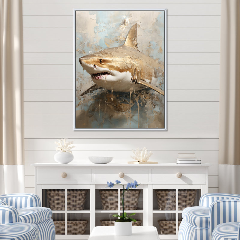 " Minimalism Shark Painting In Golden Beige ", White Floater Framed, 44" H x 34" W x 1.5" D