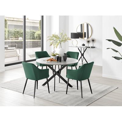 Tierra Modern Chrome Metal & Glass Round Dining Table Set with 4 Luxury Button Velvet Chairs