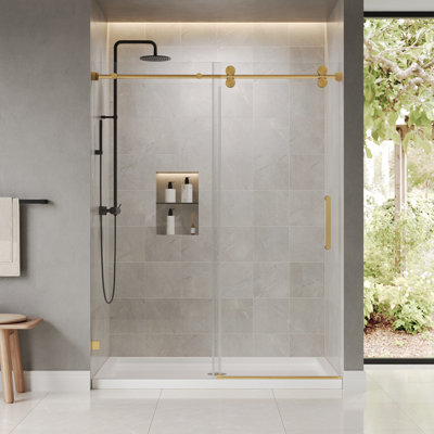 DeerValley 56" - 60" W x 76" H Single Sliding Frameless Shower Door with 3/8" Tempered Glass, Stainless Steel Accessories