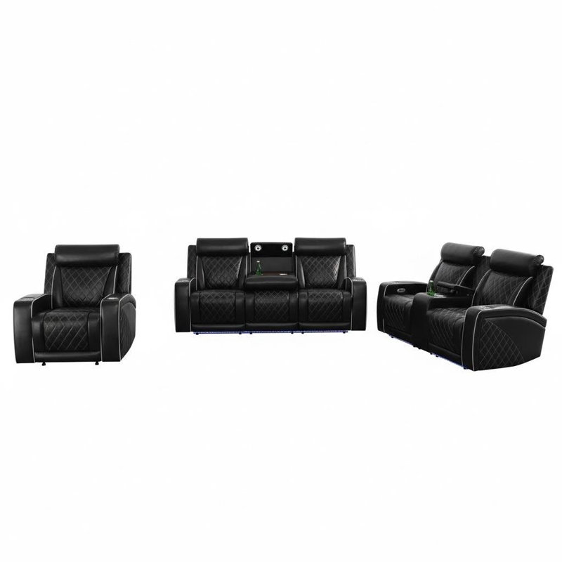 Ensemble de canapé de salon inclinable électrique en cuir noir 3 pièces avec lumières DEL, chargement sans fil, ports USB, rangement et porte-gobelets - Siège de cinéma maison de luxe