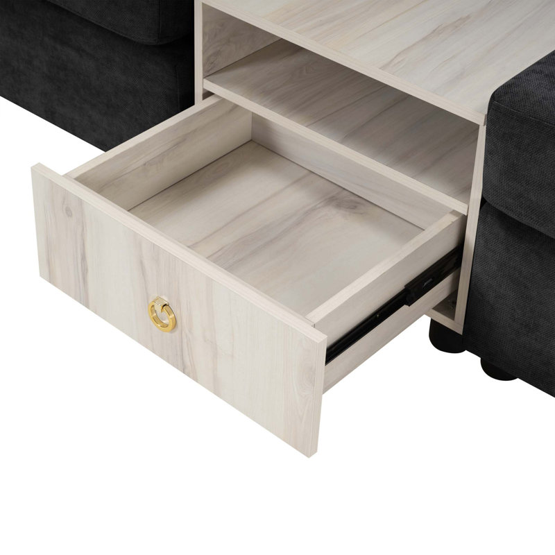 Canapé modulaire moderne avec accoudoirs de rangement et console centrale, Chenille - noir