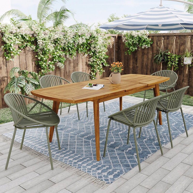 Green+Teak 7 Pieces Outdoor Modern Expandable Dining Set, With Stackable Chair