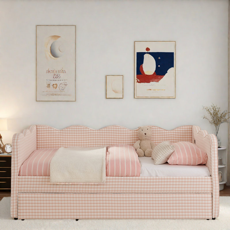 Lit de jour confortable avec couchette, port USB et adorable forme de vague, Rose