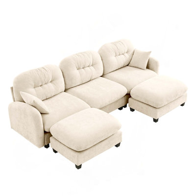 3-Seate High Quality Wooden Base Soft Chenille Modular Sectional Couch with 2 Ottomans for Bedrooms, Living Rooms
