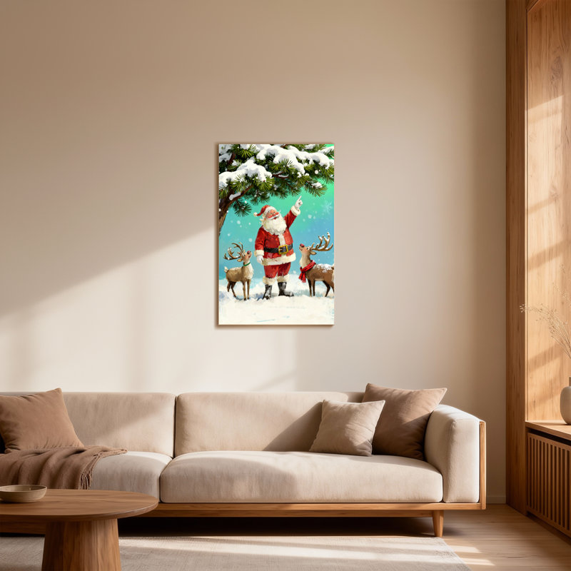 Noël père Noël avec renne dans la forêt enneigée, H 36 po x l 24 po