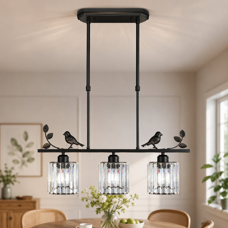 Luminaire suspendu en cristal 3 lumières pour cuisine en forme d'oiseau avec finition noire