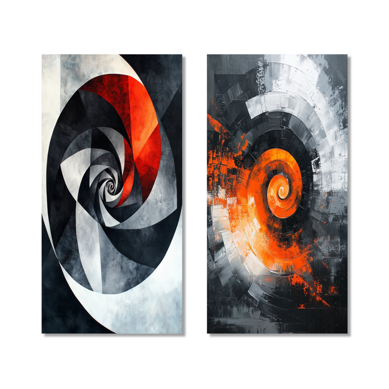 Orange Tornado Of Abstract I - Abstract Spirals Wall Art 2 Pieces Set, 32" H x 32" W, Wrapped Canvas